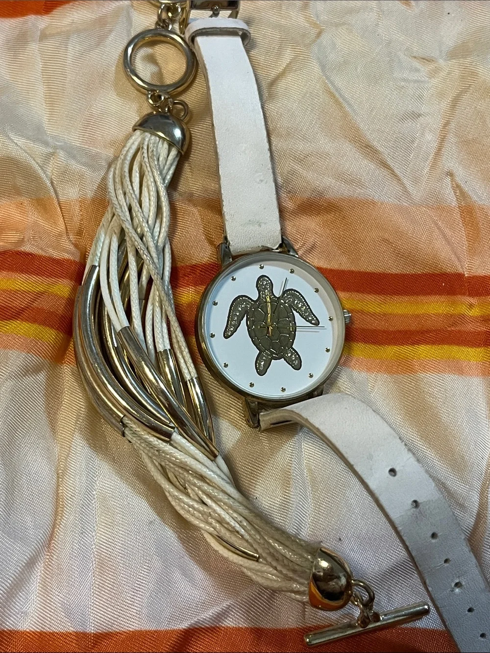 White Turtle Dial Women’s Watch with Coordinating Tassel Bracelet